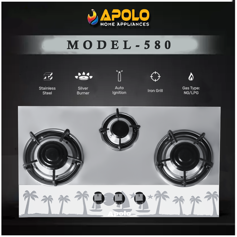 APOLO Automatic Hob - Model 580 - 3 Burner - Auto Ignition Stove - 100% Pure Stainless Steel Top