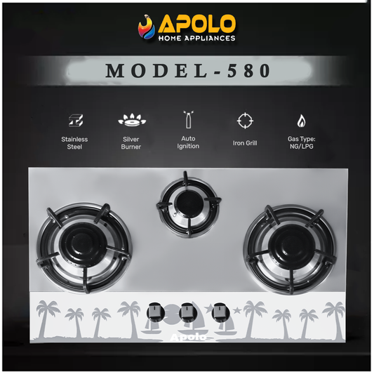 APOLO Automatic Hob - Model 580 - 3 Burner - Auto Ignition Stove - 100% Pure Stainless Steel Top