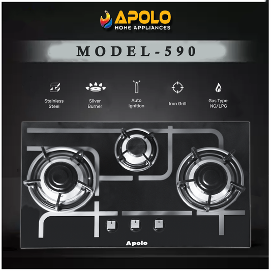 APOLO Automatic Hob - Model 590 - 3 Burner Auto Ignition Stove - 100% Pure Stainless Steel Top