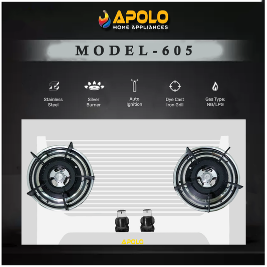 APOLO Automatic Hob - Model 605 - 2 Burner - Auto Ignition Stove - 100% Pure Stainless Steel Top
