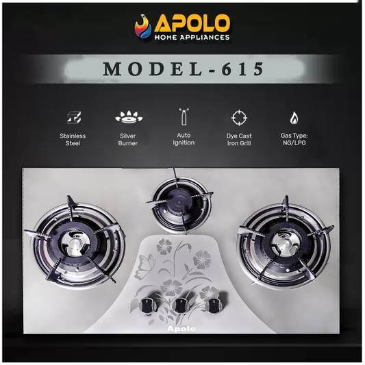 APOLO Automatic Hob - Model 615 - 3 Burner - Auto Ignition Stove - 100% Pure Stainless Steel Top